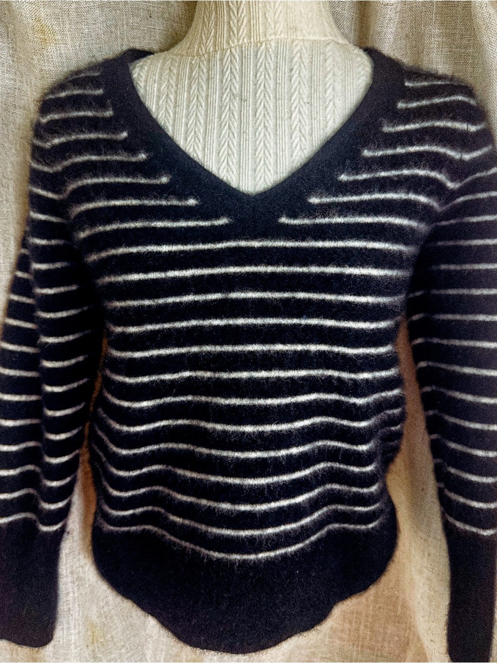 Striped Black & White V-Neck Women's Sweater